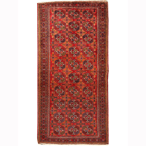 Baluch Persian Rug 8x3 ft - Semi Antique Geometric, Turkmen Gul Madder Red, Burgundy, Navy Blue Hand Knotted | front view | SKU 110405