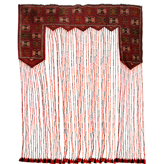 Turkmen Persian Rug 6'7" x 3'3" - Semi Antique Geometric Crimson, Navy Blue Hand Knotted | front view | SKU 110407