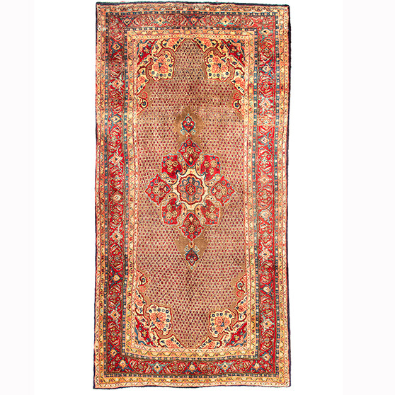 Kurdish Persian Rug 10'2" x 5'0" - Semi Antique Medallion Red, Blue Hand Knotted | front view | SKU 110408