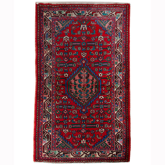Hamadan Persian Rug 4'3" x 2'6" - Semi Antique Afshan Red, Blue Hand Knotted | front view | SKU 110413