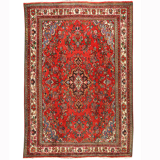 Hamadan Persian Rug 9x6 ft - Semi Antique Medallion (Toranj), Herati (Mahi) Madder Red, Cream, Navy Blue Hand Knotted | front view | SKU 110420