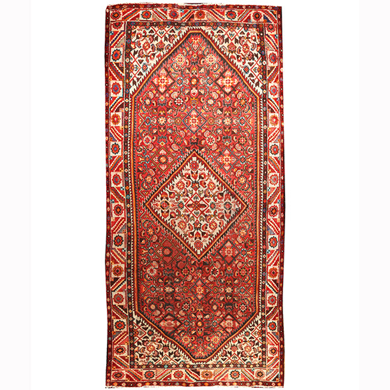 Hamadan Persian Rug 11'7" x 5'3" - Semi Antique Afshan Red, Blue Hand Knotted | front view | SKU 110421