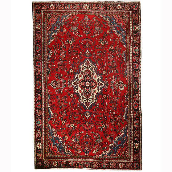 Hamadan Persian Rug 11x8 ft - Semi Antique Medallion (Toranj), Herati (Mahi) Madder Red, Navy Blue, Cream Hand Knotted | front view | SKU 110423