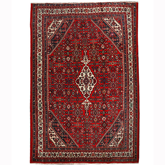 Hamadan Persian Rug 10'8" x 8'1" - Semi Antique Afshan Red, Blue Hand Knotted | front view | SKU 110424