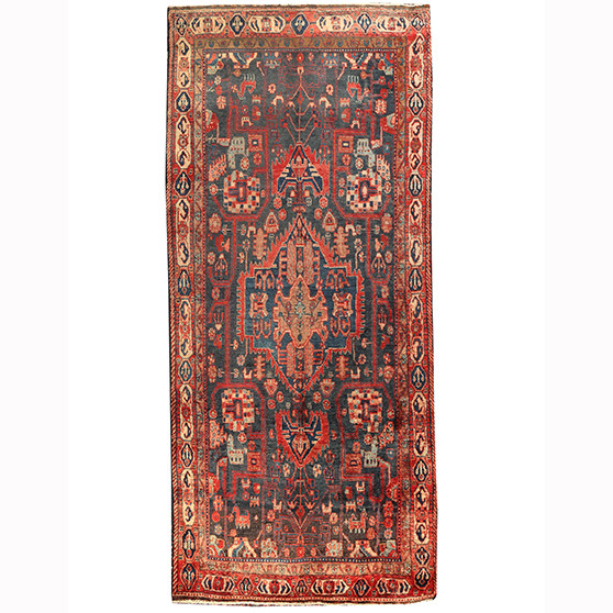 Nahavand Persian Rug 10'11" x 4'9" - Semi Antique Medallion Navy Blue, Red Hand Knotted | front view | SKU 110425