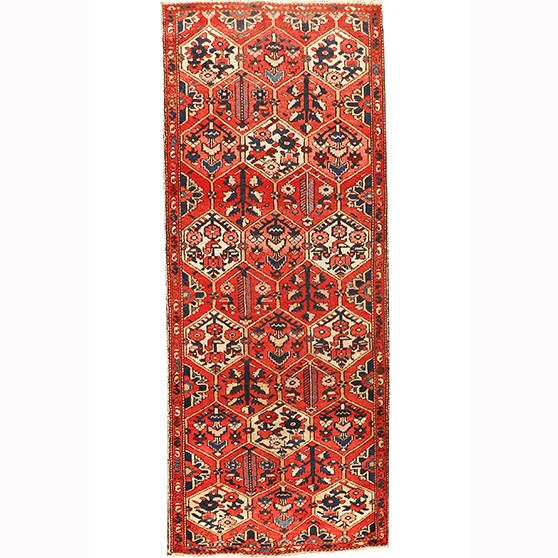 Nahavand Persian Rug 8'10" x 3'5" - Semi Antique Medallion Navy Blue, Red Hand Knotted | front view | SKU 110426