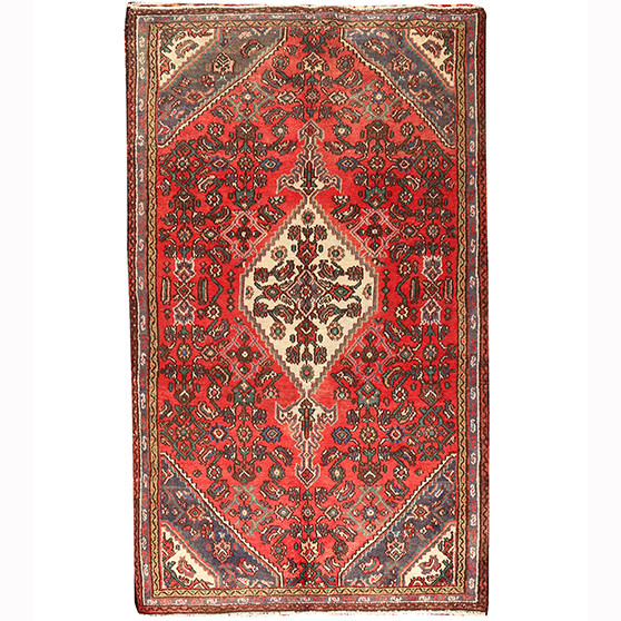 Nahavand Persian Rug 8x4 ft - Semi Antique Medallion Toranj, Herati Mahi Madder Red, Ivory, Navy Blue Hand Knotted | front view | SKU 110427