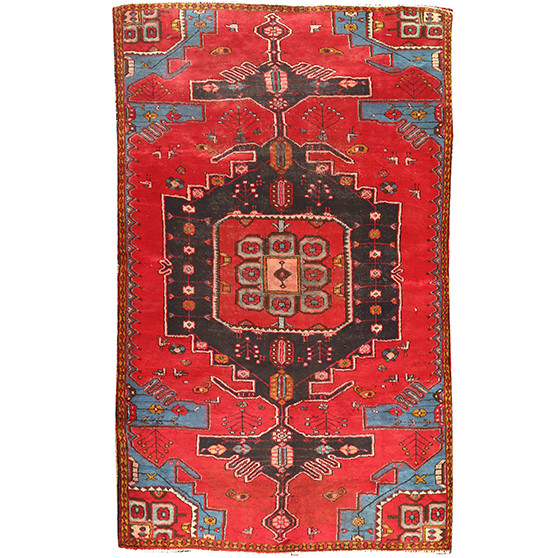 Mahabad Persian Rug 8x5 ft - Semi Antique Geometric Red, Blue Hand Knotted | front view | SKU 110428