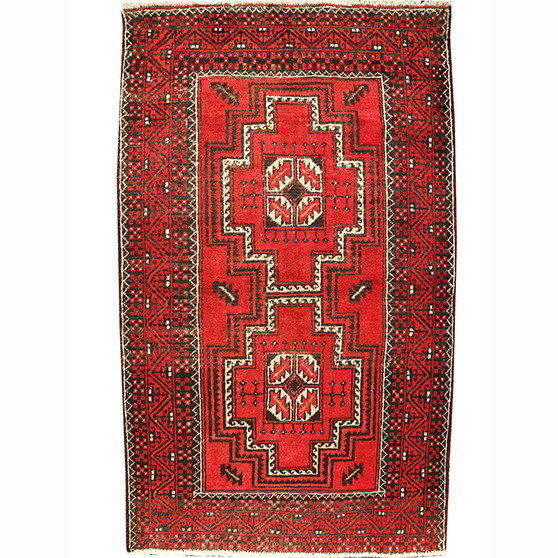 Baluch Persian Rug 5'2" x 3'0" - Semi Antique Mihrab Red, Blue Hand Knotted | front view | SKU 110430