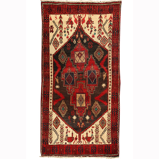 Baluch Persian Rug 5x3 ft - Semi Antique Medallion Madder Red, Cream, Dark Red Hand Knotted | front view | SKU 110431