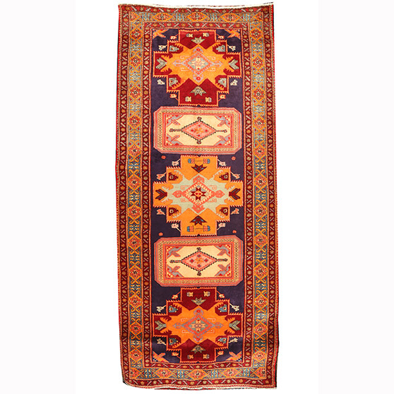 Ardabil Persian Rug 11'11" x 4'9" - Semi Antique Medallion Turquoise, White Hand Knotted | front view | SKU 110433