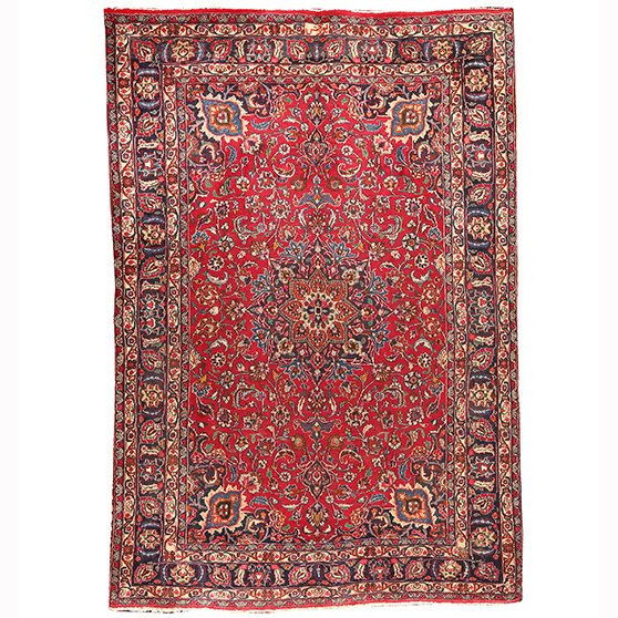 Mashad Persian Rug 10'0" x 6'9" - Semi Antique Medallion Crimson, Ultramarine Hand Knotted | front view | SKU 110437