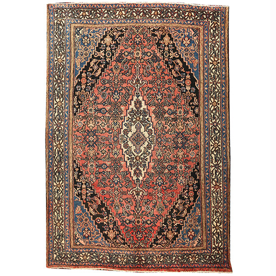 Hamadan Persian Rug 10'0" x 6'11" - Semi Antique Afshan Red, Blue Hand Knotted | front view | SKU 110451