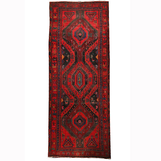 Hamadan Persian Rug 12x4 ft - Semi Antique Afshan Red, Blue Hand Knotted | front view | SKU 110452