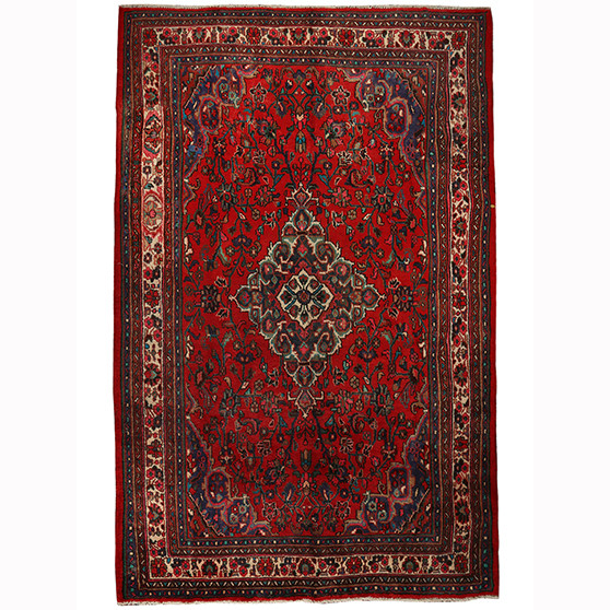 Hamadan Persian Rug 10x6 ft - Semi Antique Afshan Red, Blue Hand Knotted | front view | SKU 110455