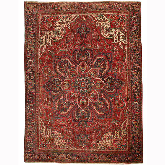 Serapi Persian Rug 12x9 ft - Semi Antique Medallion Red, Blue Hand Knotted | front view | SKU 110456