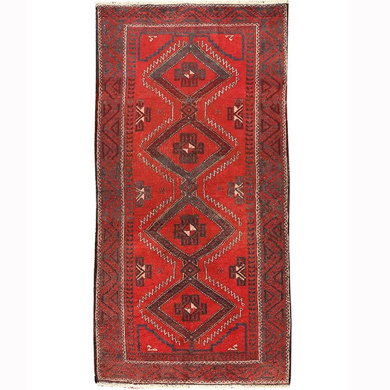 Baluch Persian Rug 6'9" x 3'5" - Semi Antique Mihrab Red, Blue Hand Knotted | front view | SKU 110457