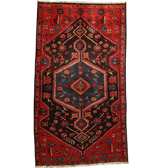 Hamadan Persian Rug 5x3 ft - Semi Antique Afshan Red, Blue Hand Knotted | front view | SKU 110458
