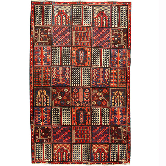 Bakhtiari Persian Rug 8'10" x 5'3" - Semi Antique Medallion Blue, Crimson Hand Knotted | front view | SKU 110459