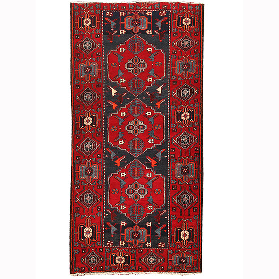 Saveh Persian Rug 9'2" x 4'3" - Semi Antique Medallion Red, Brown Hand Knotted | front view | SKU 110461