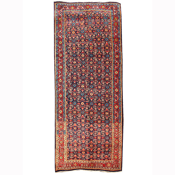 Arak Persian Rug 12x4 ft - Semi Antique Herati (Mahi) Dark Red, Navy Blue, Crimson Hand Knotted | front view | SKU 110464
