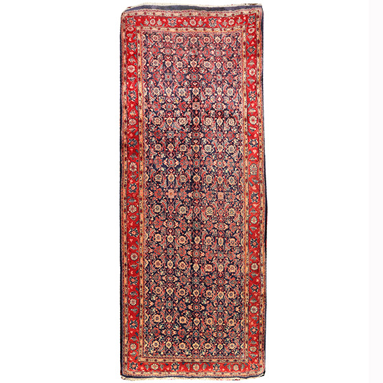 Arak Persian Rug 12'2" x 4'10" - Semi Antique Medallion Crimson, Red Hand Knotted | front view | SKU 110466