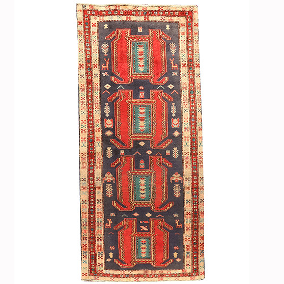 Ardabil Persian Rug 8'10" x 3'7" - Semi Antique Medallion Turquoise, White Hand Knotted | front view | SKU 110468