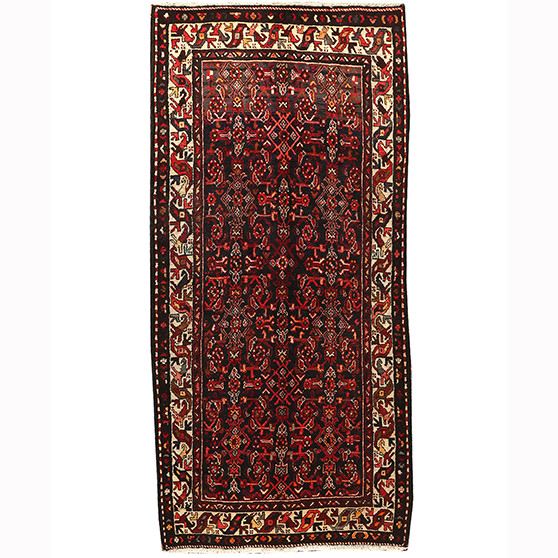 Farahan Persian Rug 9x4 ft - Semi Antique Medallion Red, Green Hand Knotted | front view | SKU 110472