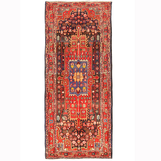 Hamadan Persian Rug 9x3 ft - Semi Antique Afshan Red, Blue Hand Knotted | front view | SKU 110474