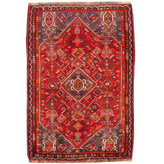 Shiraz Persian Rug 6'3" x 4'5" - Semi Antique Geometric Blue, Red Hand Knotted | front view | SKU 110500