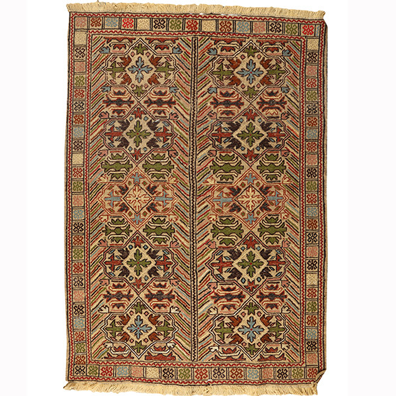 Sirjan Persian Rug 6'2" x 4'3" - Semi Antique Medallion Red, Navy Blue Hand Knotted | front view | SKU 110505