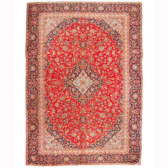 Kashan Persian Rug 12'0" x 8'5" - Semi Antique Medallion Crimson, Navy Blue Hand Knotted | front view | SKU 110509