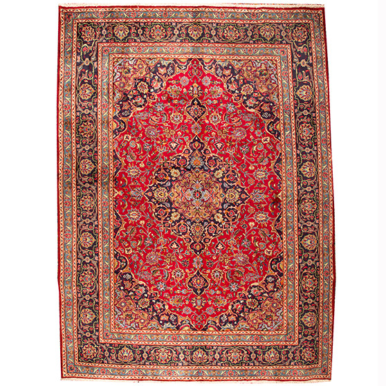 Mashhad Persian Rug 11x8 ft - Semi Antique Shah Abbasi, Medallion (Toranj) Crimson, Navy Blue, Cream Hand Knotted | front view | SKU 110512
