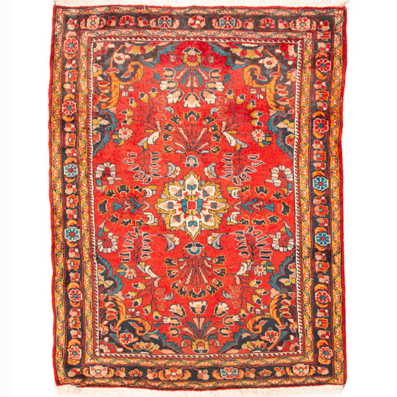 Hamadan Persian Rug 4x3 ft - Semi Antique Shah Abbasi, Medallion (Toranj) Madder Red, Navy Blue, Cream Hand Knotted | front view | SKU 110514