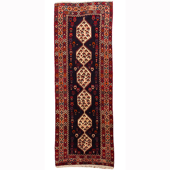 Shiraz Persian Rug 9x3 ft - Semi Antique Medallion Toranj Geometric Dark Red Madder Red Cream Hand Knotted | front view | SKU 110516
