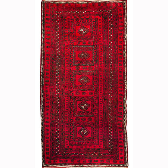 Baluch Persian Rug 6'5" x 3'7" - Semi Antique Mihrab Red, Blue Hand Knotted | front view | SKU 110524