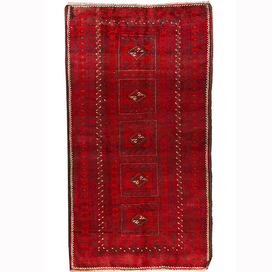 Baluch Persian Rug 6x3 ft - Semi Antique Mihrab Red, Blue Hand Knotted | front view | SKU 110525