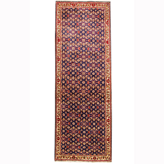 Ardabil Persian Rug 10'6" x 3'7" - Semi Antique Medallion Turquoise, White Hand Knotted | front view | SKU 110527