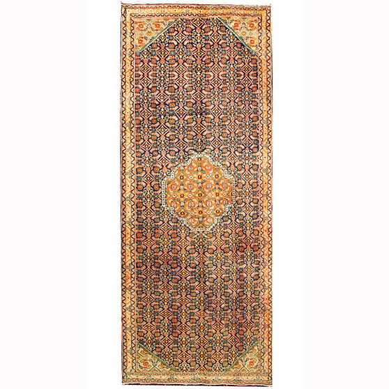 Ardabil Persian Rug 9'4" x 3'7" - Semi Antique Medallion Turquoise, White Hand Knotted | front view | SKU 110528