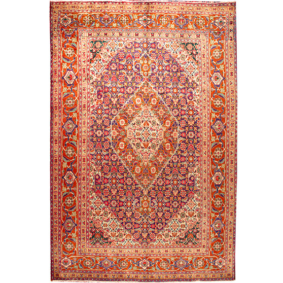 Ardabil Persian Rug 10x6 ft - Semi Antique Medallion (Toranj), Herati (Mahi) Madder Red, Navy Blue, Cream Hand Knotted | front view | SKU 110530