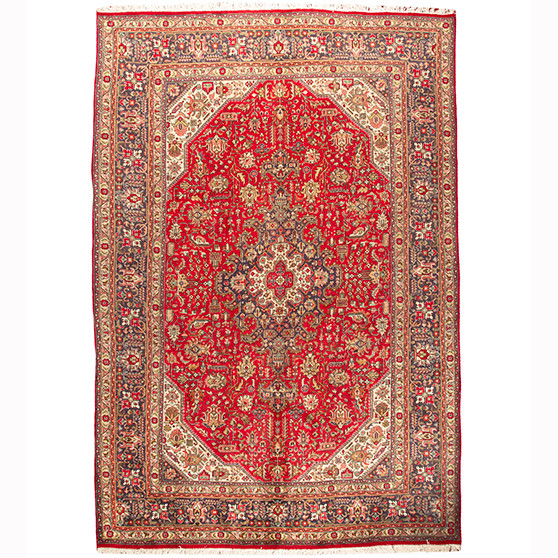 Tabriz Persian Rug 9x6 ft - Semi Antique Medallion (Toranj), Shah Abbasi Madder Red, Cream, Navy Blue Hand Knotted | front view | SKU 110531