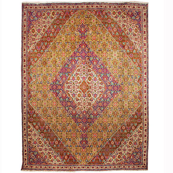 Ardabil Persian Rug 10x8 ft - Semi Antique Medallion Turquoise, White Hand Knotted | front view | SKU 110532