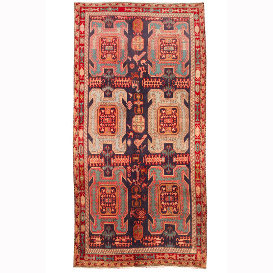 Ardabil Persian Rug 10x4 ft - Semi Antique Geometric, Medallion (Toranj) Midnight Blue, Crimson, Teal Hand Knotted | front view | SKU 110535