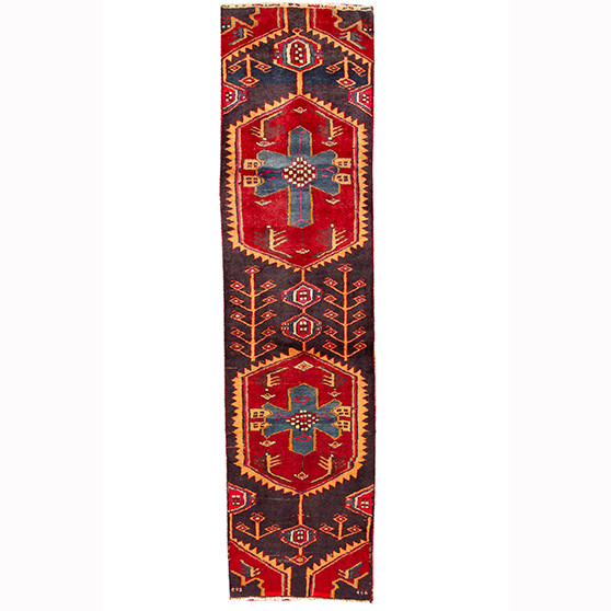 Ardabil Persian Rug 8x2 ft - Semi Antique Medallion (Toranj), Geometric Dark Red, Navy Blue, Cream Hand Knotted | front view | SKU 110537