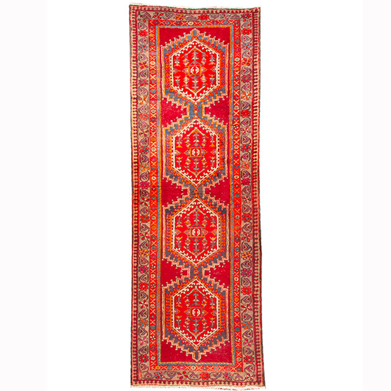 Ardabil Persian Rug 10'9" x 3'7" - Semi Antique Medallion Turquoise, White Hand Knotted | front view | SKU 110538