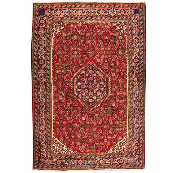 Ardabil Persian Rug 9x6 ft - Semi Antique Medallion Turquoise, White Hand Knotted | front view | SKU 110540