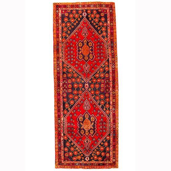 Kurdish Persian Rug 10'8" x 4'1" - Semi Antique Medallion Red, Blue Hand Knotted | front view | SKU 110546