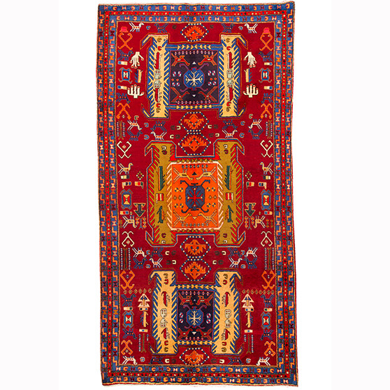 Ardabil Persian Rug 10x5 ft - Semi Antique Medallion Turquoise, White Hand Knotted | front view | SKU 110590