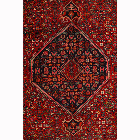 Zanjan Persian Rug 13x9 ft - Semi Antique Medallion Navy Blue, Crimson Hand Knotted | front view | SKU 110591