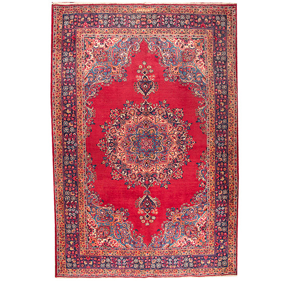 Sabzevar Persian Rug 9x6 ft - Semi Antique Medallion Toranj, Shah Abbasi Crimson, Navy Blue, Cream Hand Knotted | front view | SKU 110593